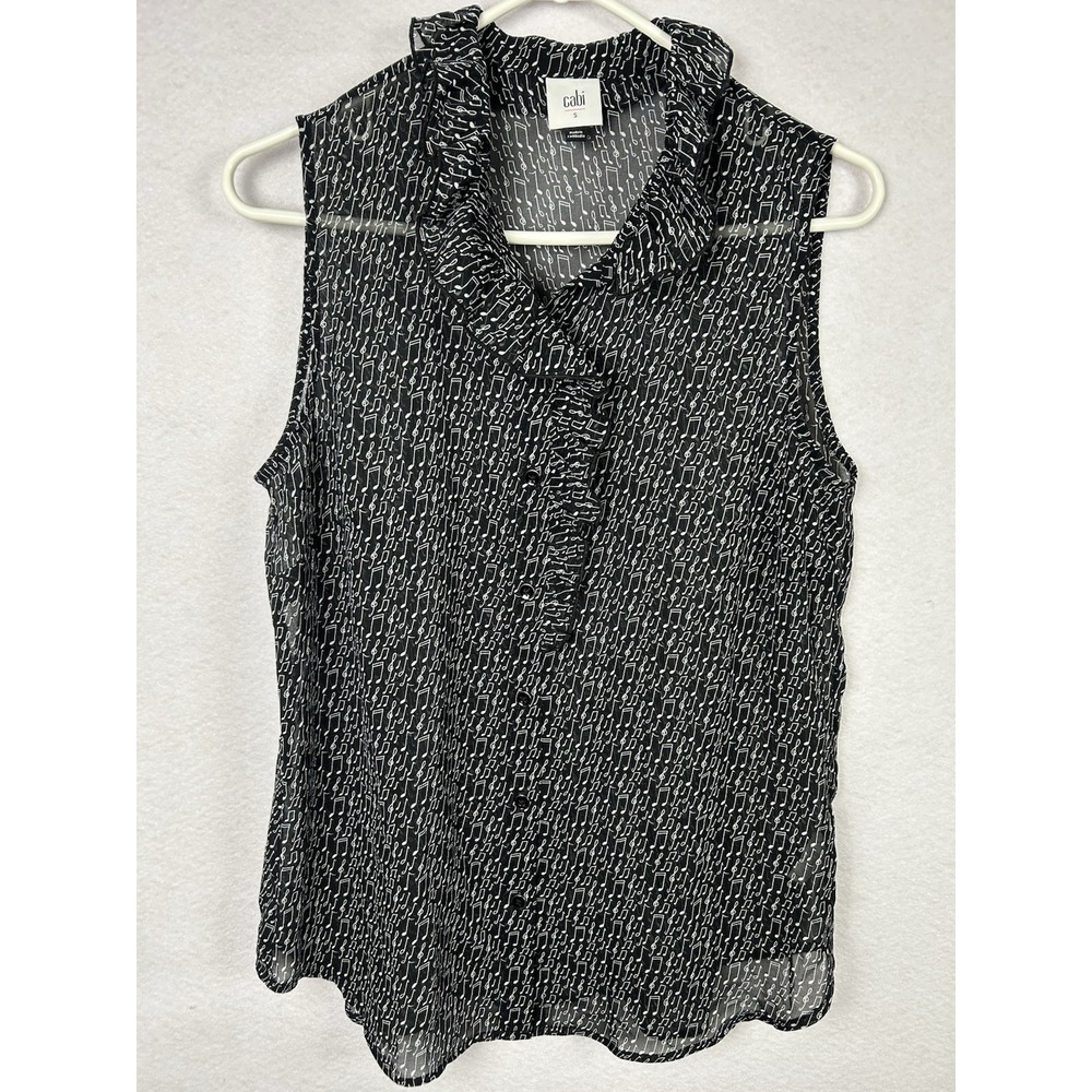 Cabi Black Sheer Tank Ruffle Sz S Music Notes Career Office Teacher Eclectic